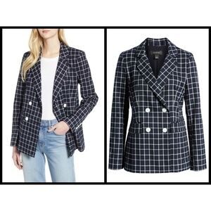 💕HALOGEN💕 Double Breasted Window Pane Plaid Check Blazer ~ Navy Blue S NWOT